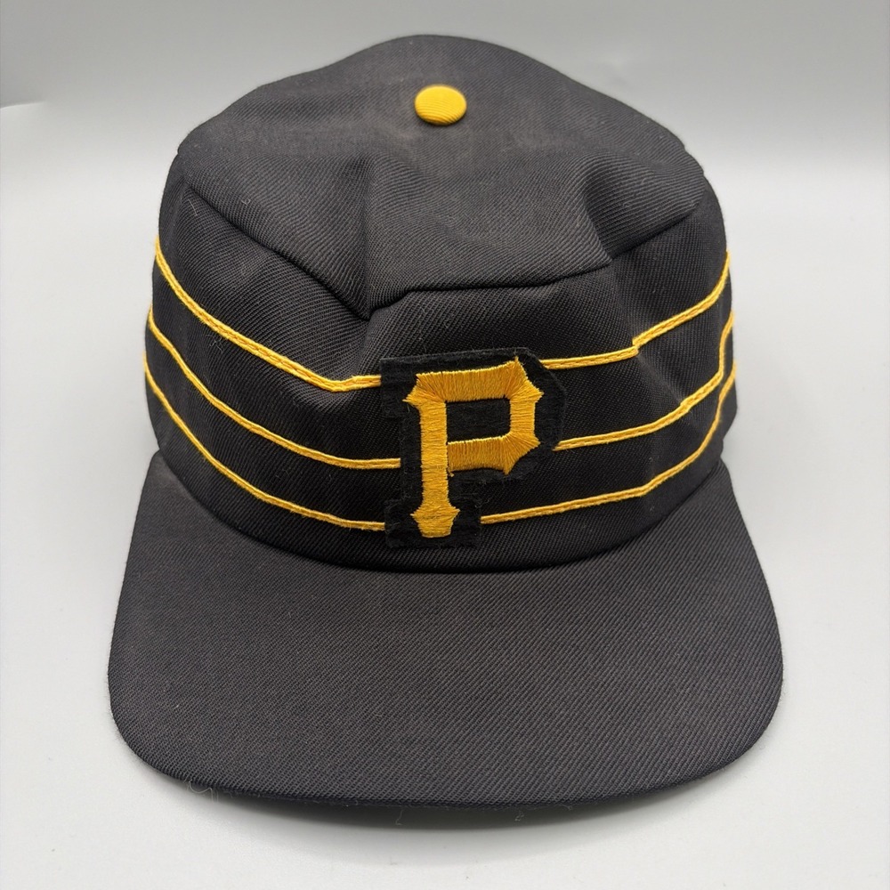 Vintage Union Made Pittsburgh Pirates Pillbox Hat Men M Black 70s USA Cap
